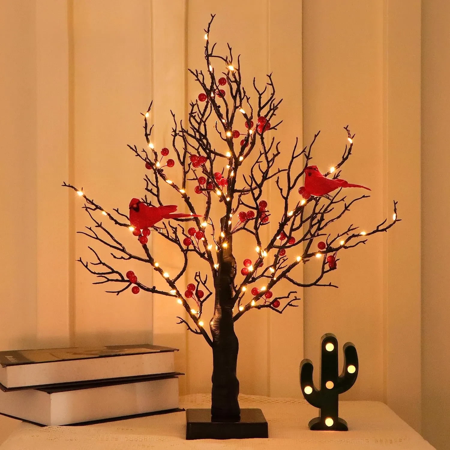 Vintage Glowing Tree With Electric Cardinal & Berries