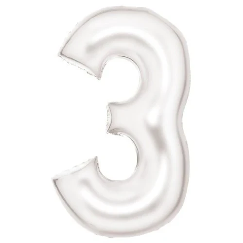 Large Number 3 Silk Lustre White Foil Balloon 53cm w x 87cm h