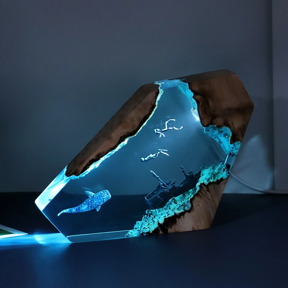 Corsair Resin Ocean Lamp with Wooden Base | LED Marine Scene Night Light for Home, Office & Gifting