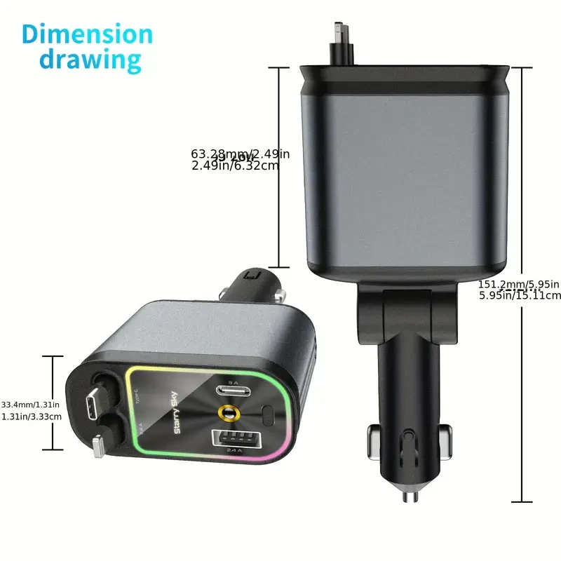 W&O 4-in-1 Retractable Car Charger High-Power Adapter with USB & Type-C Ports