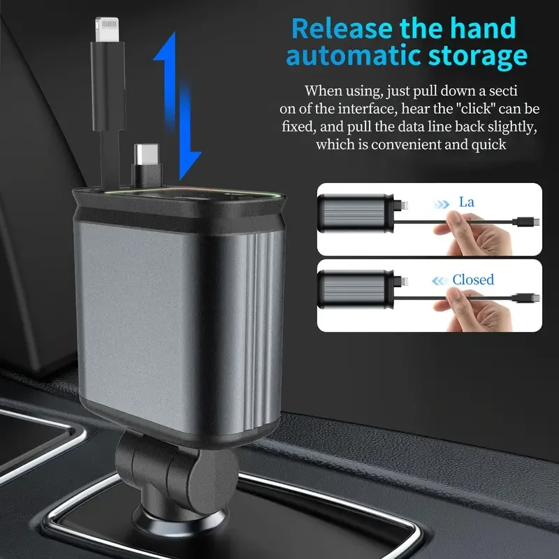 W&O 4-in-1 Retractable Car Charger High-Power Adapter with USB & Type-C Ports