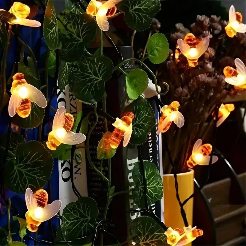1pc Solar Cute Honey Bee String Light, Led String Fairy Light, Warm Light-6.4 meter, 30 LED, 8 Mode, Bee Fence Patio Christmas Garland Lights
