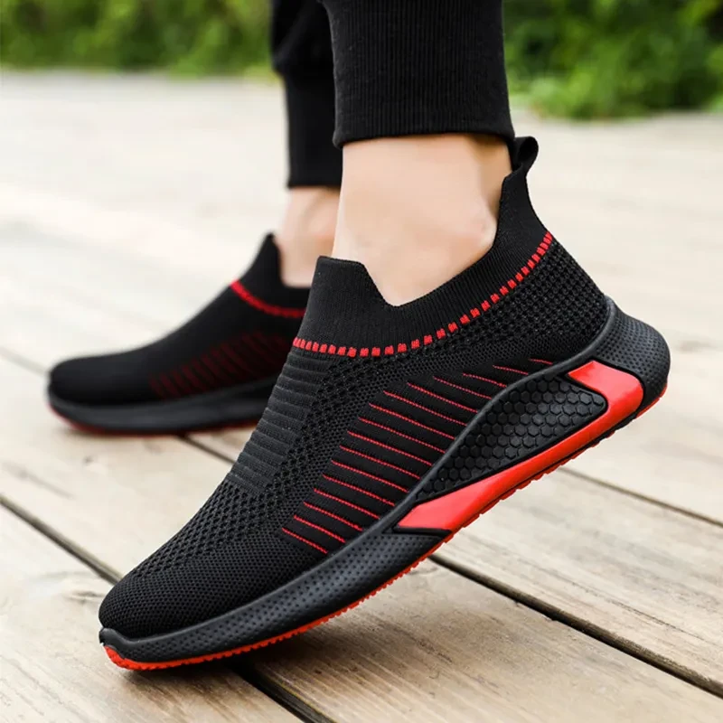 Fashion Mesh Sock Shoes With Striped Design Men Outdoor Breathable Slip-on Sneakers Csuale Lightweight Running Sports Shoes