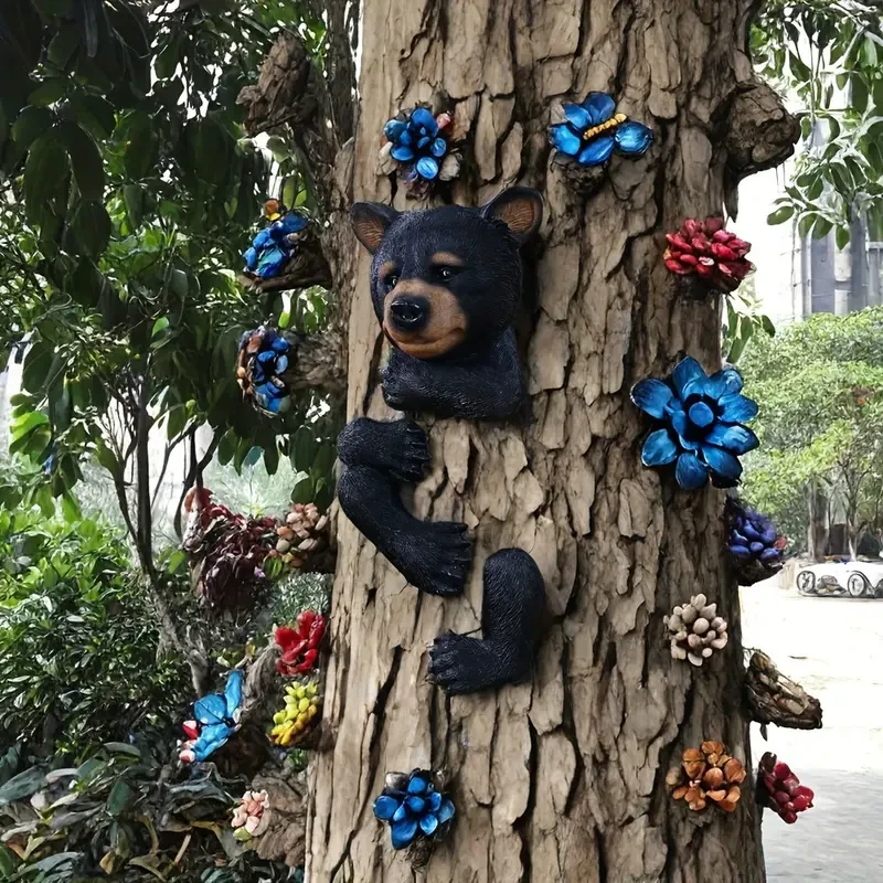 Resin Black Bear Tree Hugger Sculpture Garden Decoration