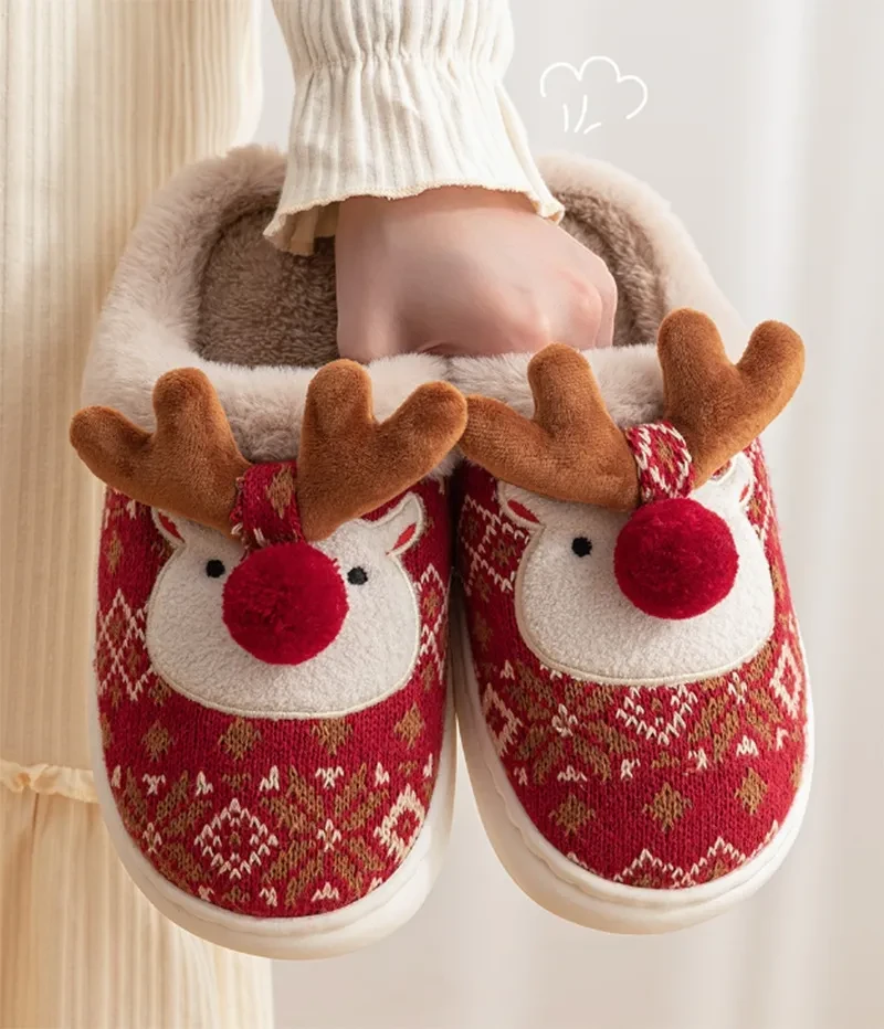 Cute Christmas Elk Plush Slippers Cozy Non-slip Fuzzy House Shoes for Women