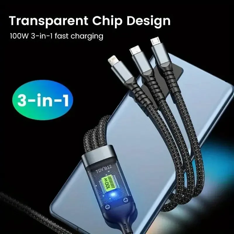 3-in-1 100W USB-C Fast Charging Cable - Multi-Port Micro USB Charging Cord for iPhone, Samsung, Xiaomi POCO