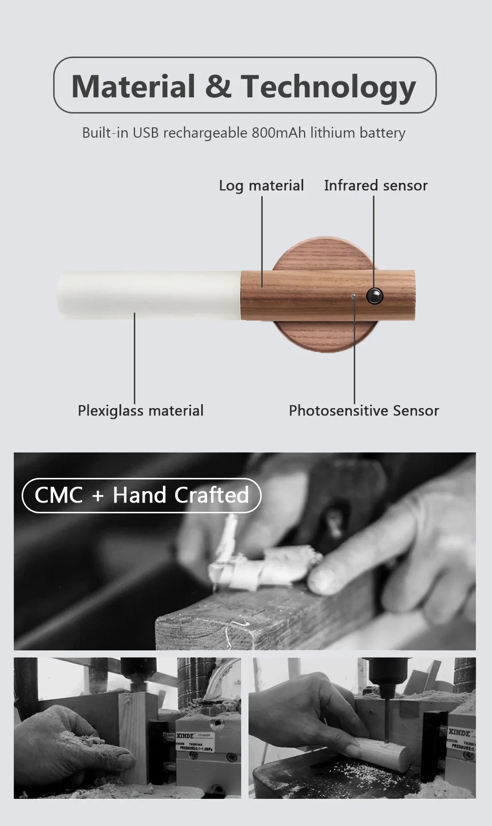 Auto LED USB Magnetic Wood Wireless Night Light