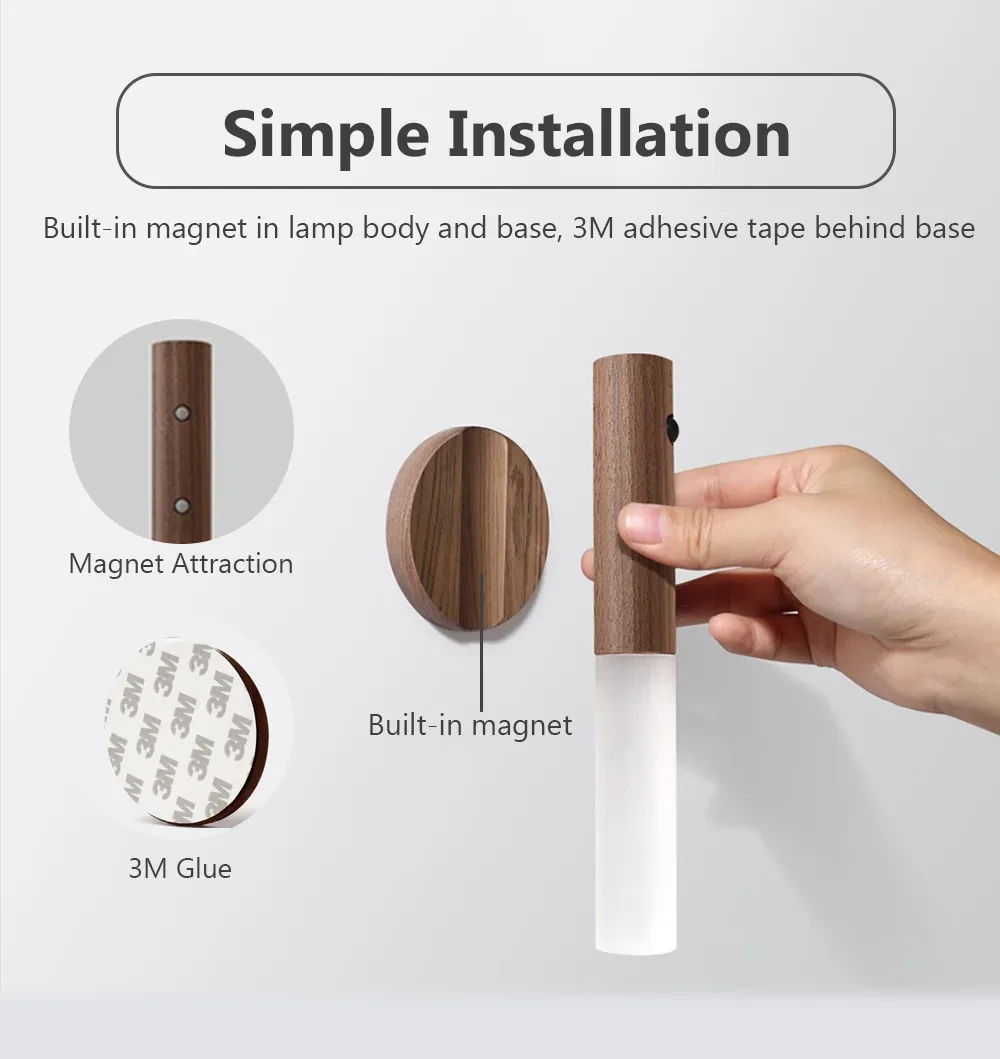Auto LED USB Magnetic Wood Wireless Night Light
