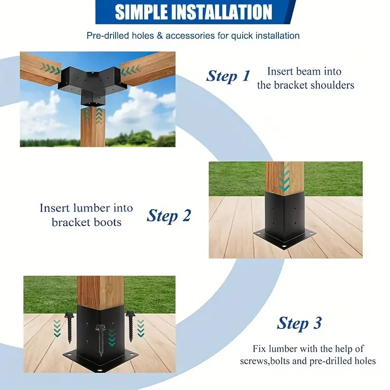 Pergola Kit, 3-Way Right Angle Pergola Brackets, 4pcs Elevated Wood Stand Kit with Screws for 4x4 (Actual: 8.89x8.89 cm) Lumber, Woodworks DIY Post Base Kit, Outdoor Pergola Hardware Kit