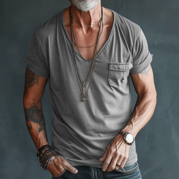 Men's V Neck Breast Pocket Short Sleeve Cargo T-Shirt