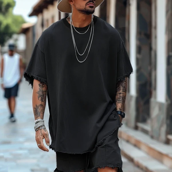 Men's solid loose round neck short sleeve T-shirt