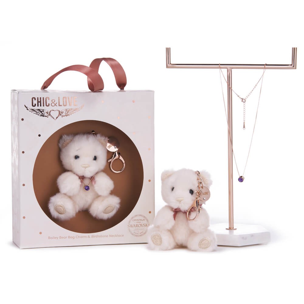 Bailey Bear Bag Charm & Birthstone Necklace - February