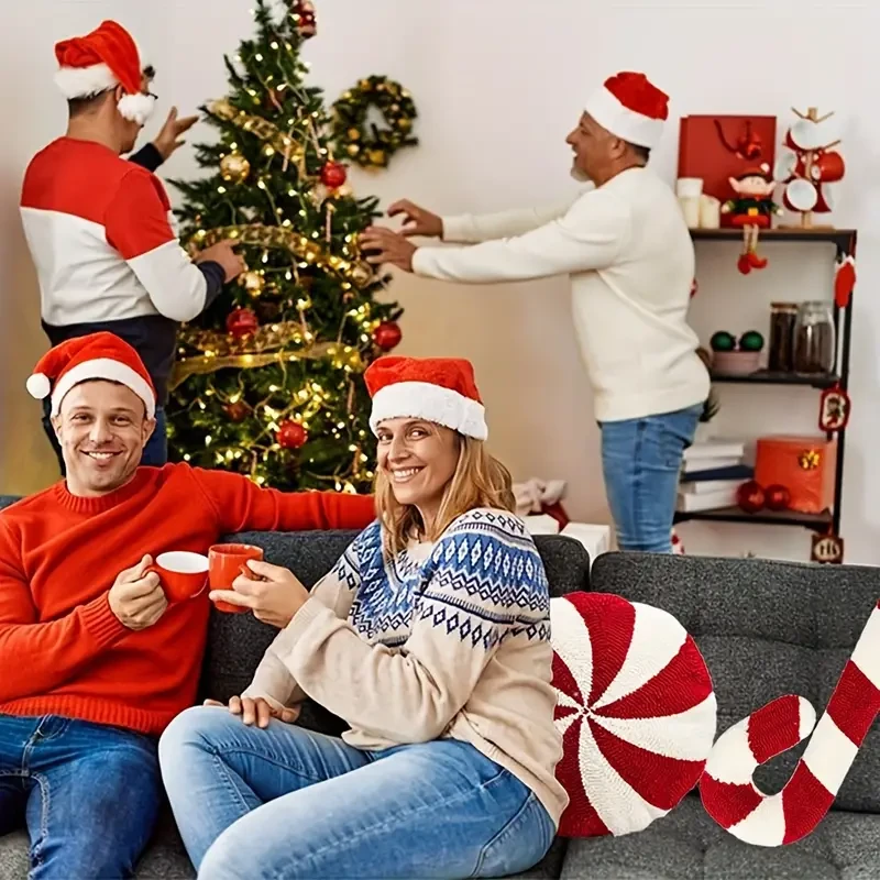 Vintage Christmas Candy Cane and Peppermint Throw Pillow Set, Red and White Plush Decorative Cushion