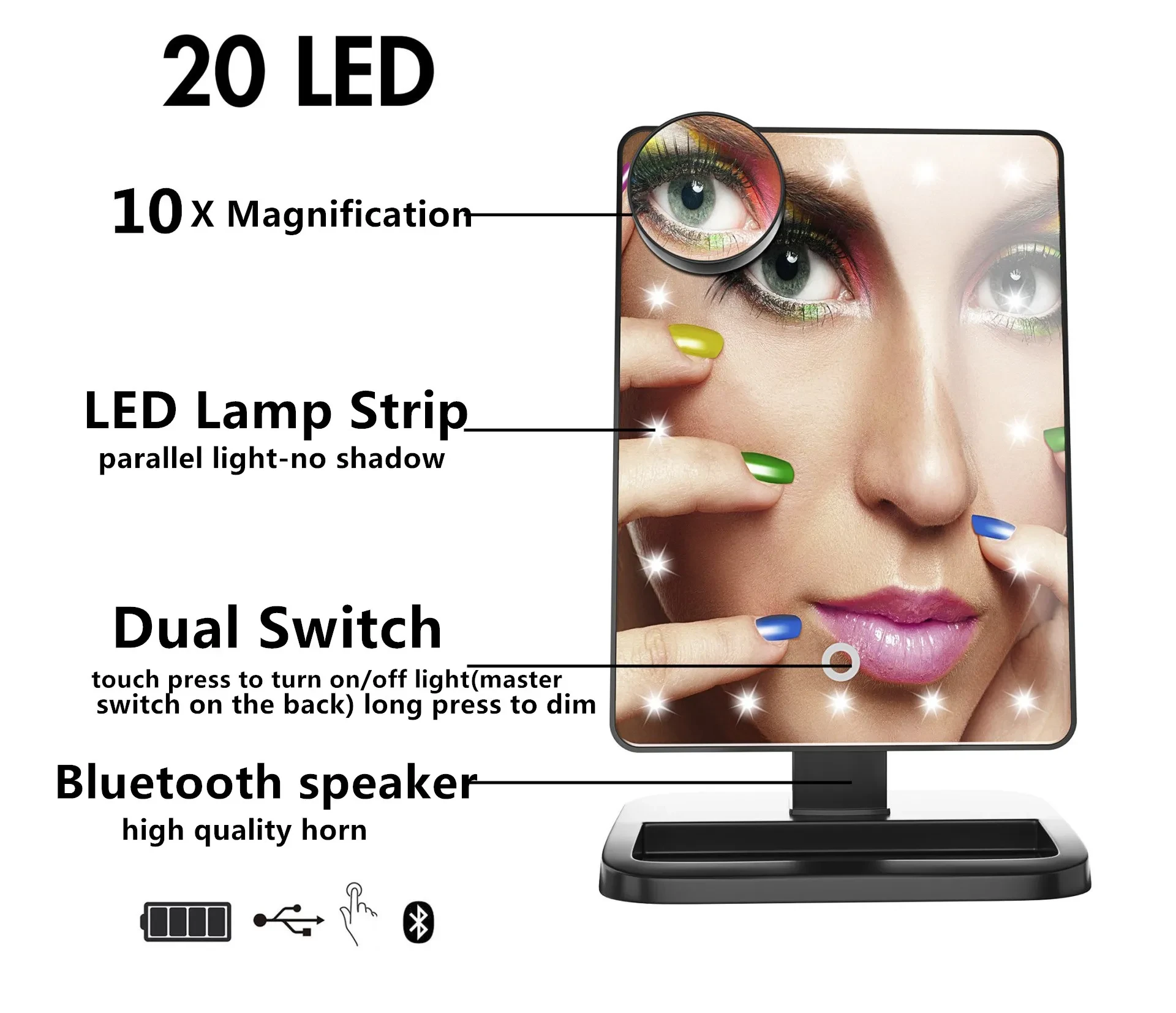 Touch Screen Makeup Mirror With 20 LED Light