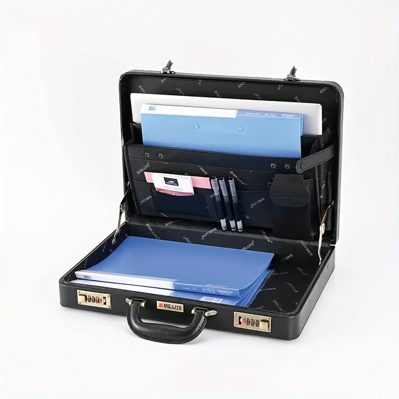 Men's Vintage Style PU Leather Briefcase with Combination Lock, Business Messenger Bag for Laptop and Documents