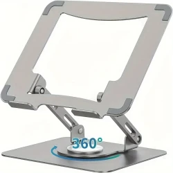 Ergonomic Stainless Steel Laptop Stand with 360 Rotating Base, Adjustable Height & Multi-Angle Folding Design - Fits 25.4-39.62cm Notebooks - Silvery Gray