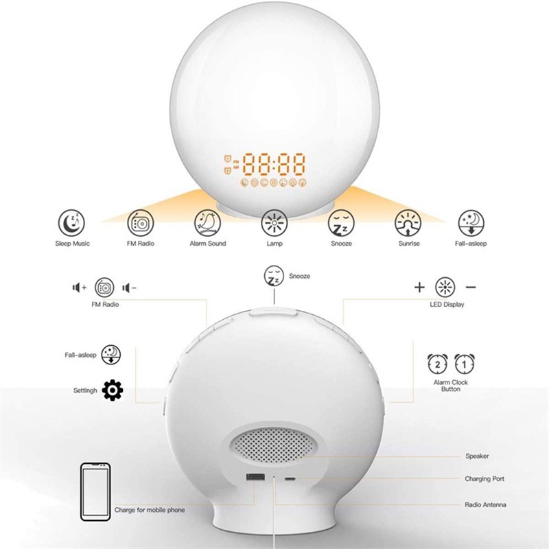 Wake Up Light Alarm Clock Sunrise/Sunset Simulation, Dual Alarms, FM Radio, Nightlight with 7 Colors