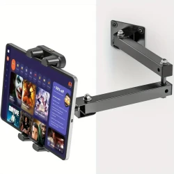 Aluminum Alloy Tablet Wall Mount Stand with 360 Rotating Adjustable Arm, Sturdy Metal Base, Clip Holder, Compatible with 11.94-34.29 cm Tablets & Smartphones