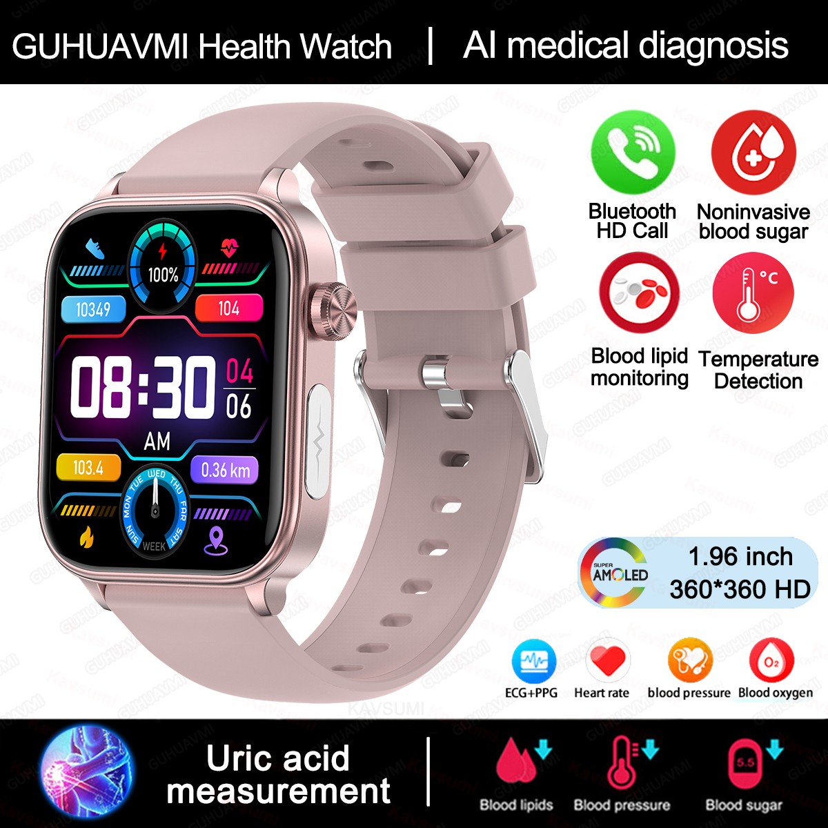 2024 AI Medical Diagnosis Smart Watch Blood Lipids, Uric Acid, Blood Glucose Monitoring with ECG+PPG, Bluetooth Calls, and Health Tracking