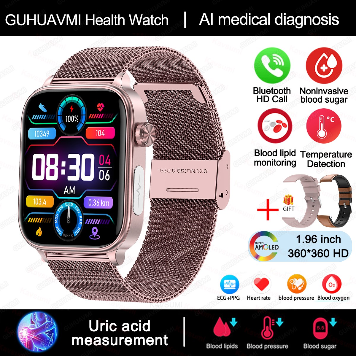 2024 AI Medical Diagnosis Smart Watch Blood Lipids, Uric Acid, Blood Glucose Monitoring with ECG+PPG, Bluetooth Calls, and Health Tracking