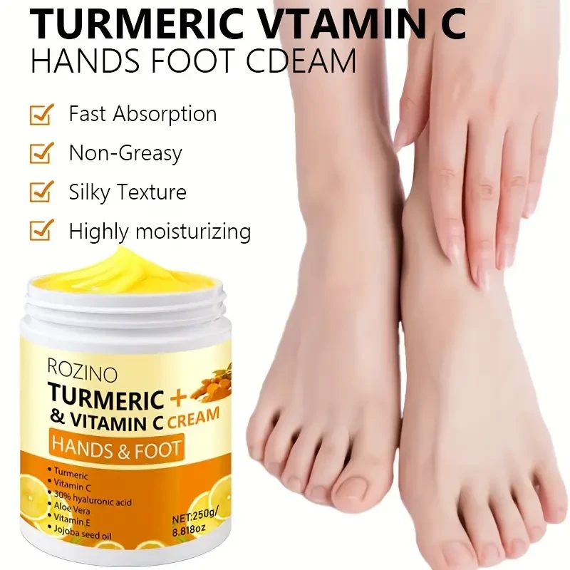 ROZINO Turmeric & Vitamin C Hand and Foot Cream, 250g - Hypoallergenic, Fast-Absorbing Moisturizer for Dry Skin