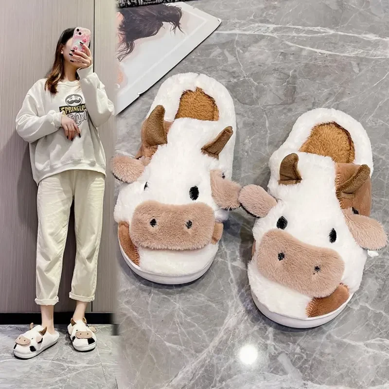 Womens Ultra-Soft Cow Print Fuzzy Slippers