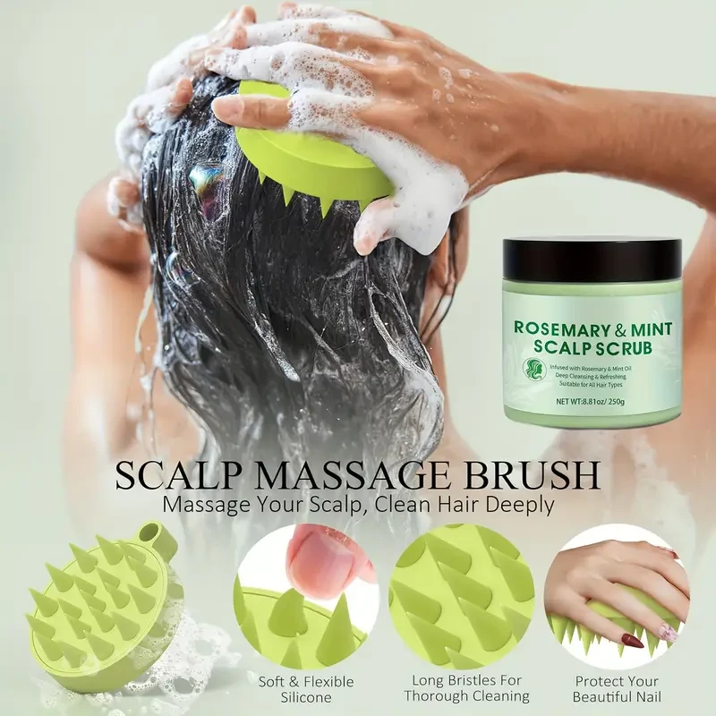 Rosemary & Peppermint Scalp Scrub - 250g Deep Cleansing Shampoo with Massager for All Hair Types