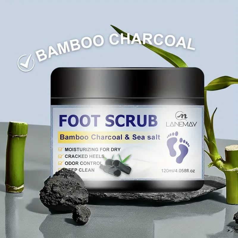 Lanemay Bamboo Charcoal & Sea Salt Foot Scrub - Hypoallergenic Exfoliating Treatment for Dry, Cracked Heels
