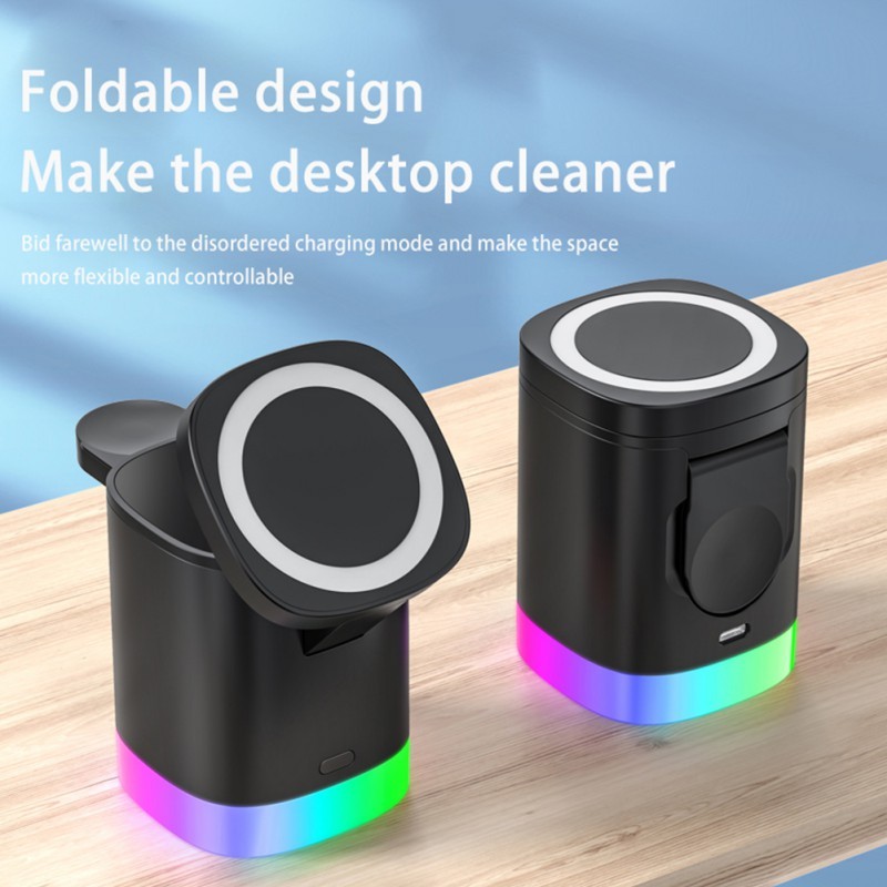3 In 1 Magnetic Wireless Fast Charger For Smart Phone RGB Ambient Light Charging Station