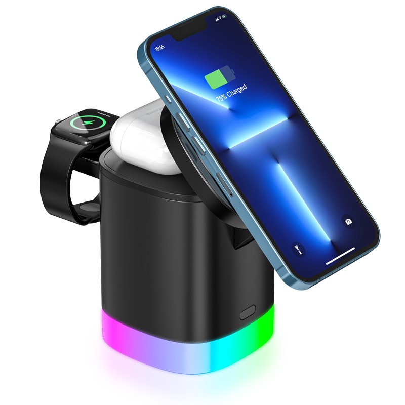 3 In 1 Magnetic Wireless Fast Charger For Smart Phone RGB Ambient Light Charging Station