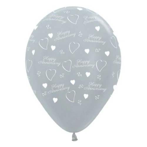30cm Anniversary Silver Metallic 6PK Latex Balloons - Pack of 6