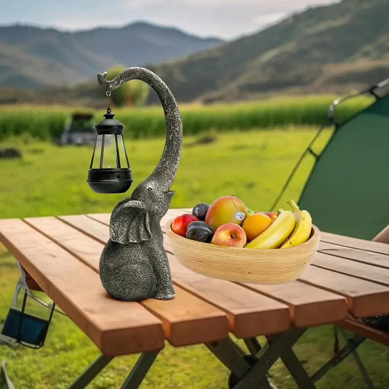 Solar-Powered Elephant Garden Statue - Resin Figurine with LED Light for Outdoor Decor