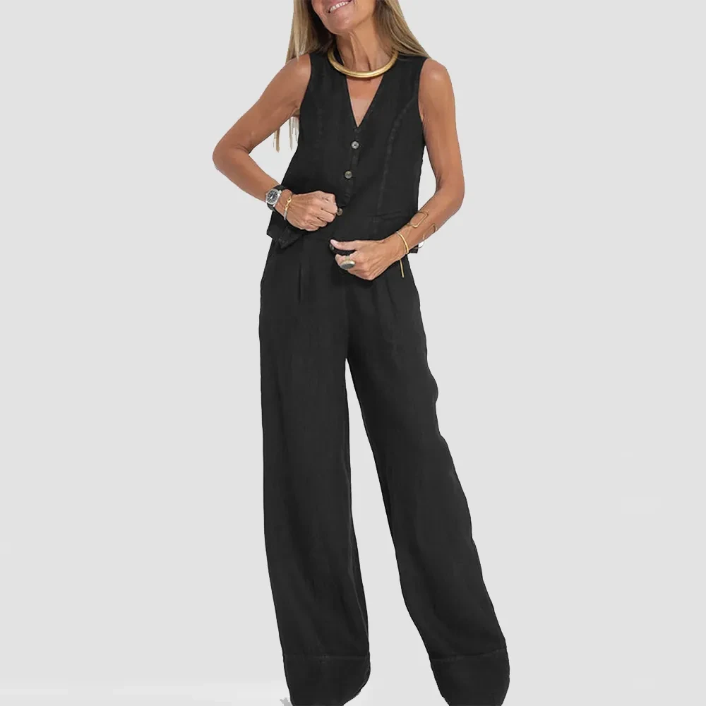 Summer Vest Suits V-neck Botton Sleeveless Top And Loose Straight Trousers