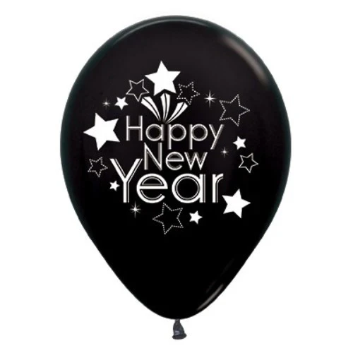 30cm Happy New Year  Black Metallic - Pack of 6
