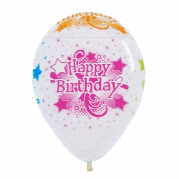 30cm Happy Birthday Clear & Neon Latex Balloons - Pack of 12