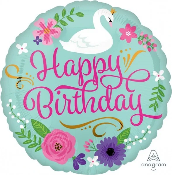 Foil Balloon - Standard Hx Hbd Floral Swan