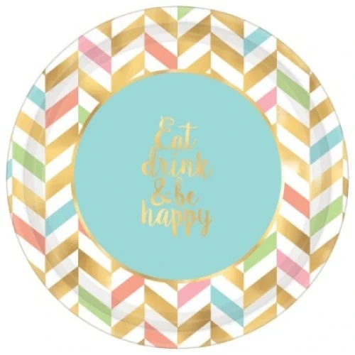 Round Metallic Plates - Eat, Drink & Be Happy - Pack of 8
