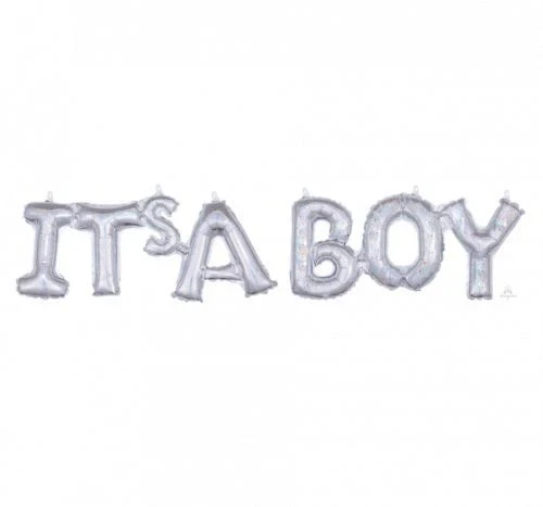 Script Phrase Balloon IT'S A BOY Silver Holographic