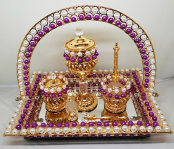 Gold Design Vanity Set: Candle Holder, Jewelry Box, Perfume Bottle, and Mirror Tray