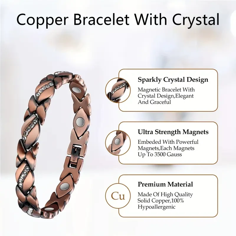 Elegant Pure Copper Bracelet for Women - Ultra Magnetic with 3500 Gauss Magnets (Includes Sizing Tool)