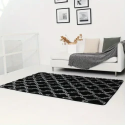 Zulida Luxury Plush Black & White Diamond Pattern Area Rug - Soft, Fluffy, Non-Flame Retardant, Machine Washable with Non-Slip Backing for Living Room and Bedroom Decor