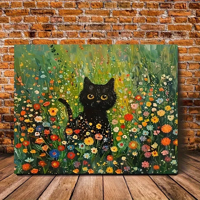 Charming Black Cat & Floral Canvas Art, 30.48x40.64cm - Whimsical Wall Decor for Home, Office, Cafe