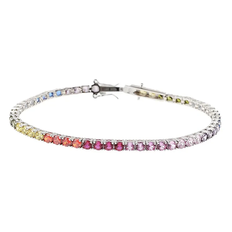 S925 Sterling Silver Multi-Color Zircon Tennis Bracelet  Round Diamond Design for Men and Women