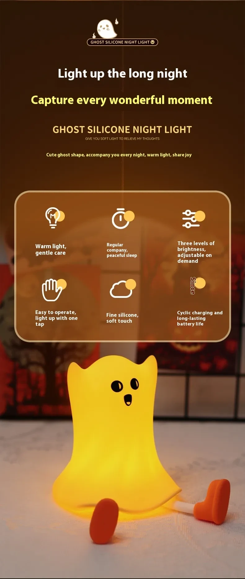 Halloween Silicone Ghost Shaped Bedside Lamp With Touch Control Soft Glow For Water-resistant Decoration