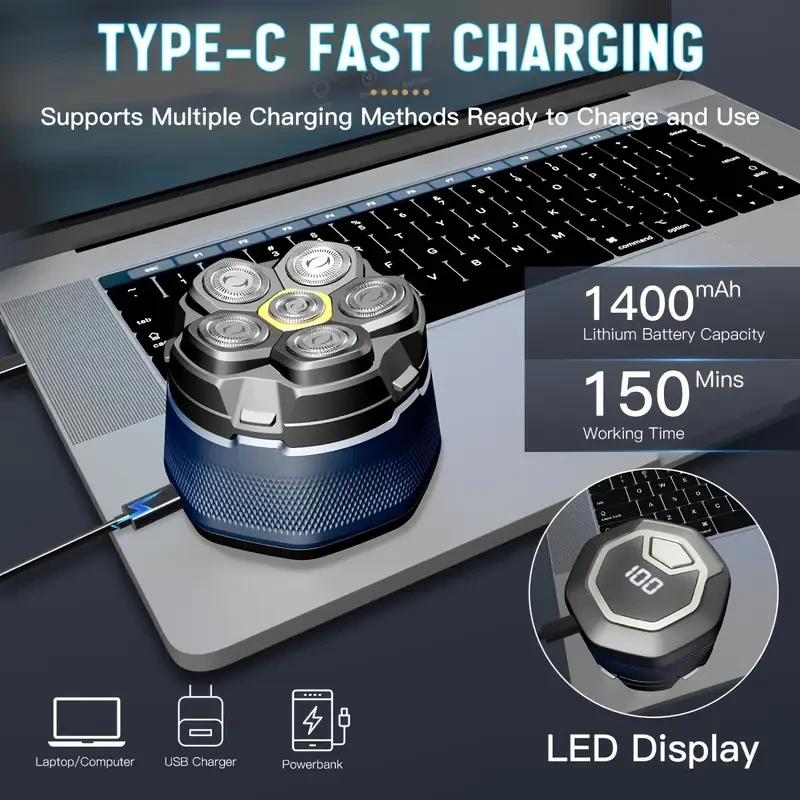 USB Rechargeable Rotary Shaver for Men, 1400mAh Lithium Battery, Fast Type-C Charging, LED Display, 6-Blade Floating Head, No Cuts or Irritation, Wet/Dry Use, Long-Lasting Power, Ideal Gift