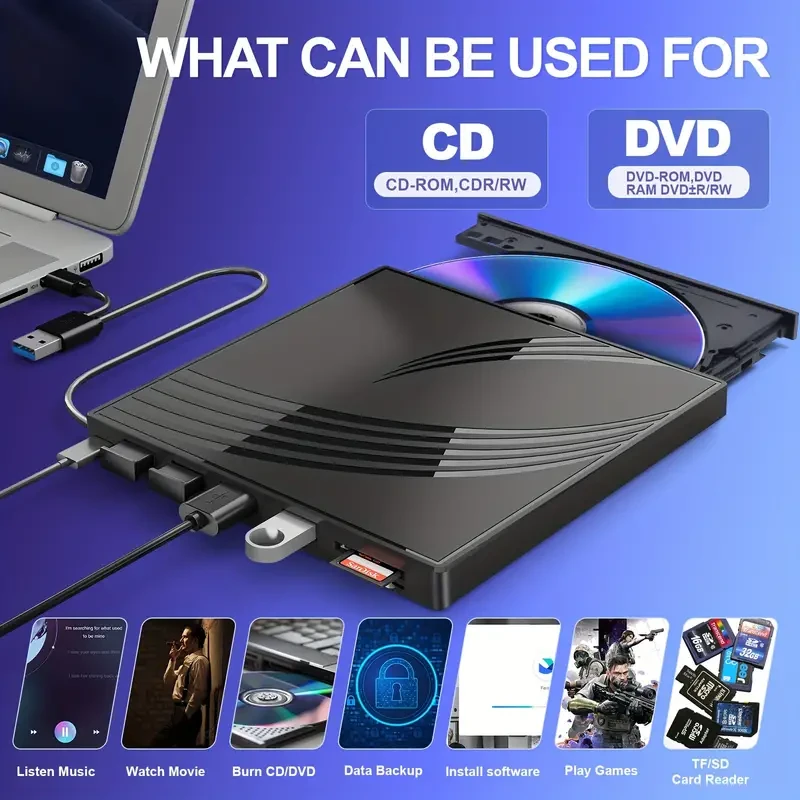 Ultra Slim External CD DVD Drive with USB 3.0 Ports and TF/SD Card Slots