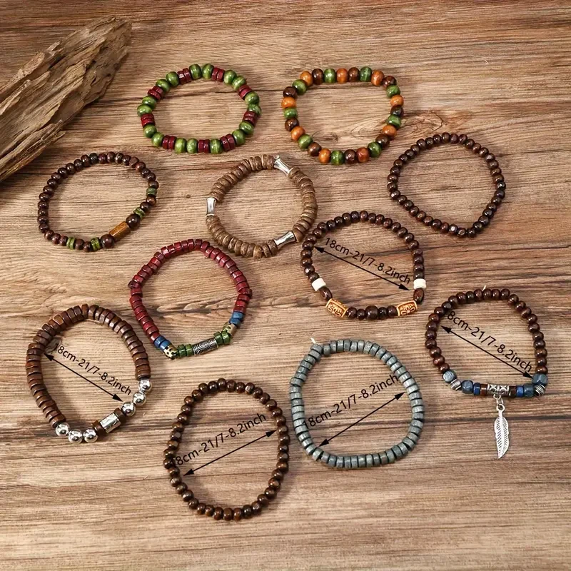Set Vintage Style Bohemian Wooden Beaded Bracelets