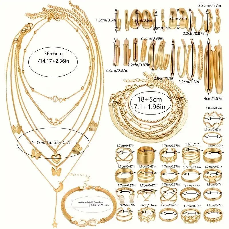 Set Golden Bracelets & Rings & Anklets & Earrings