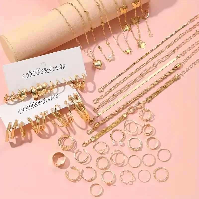 Set Golden Bracelets & Rings & Anklets & Earrings