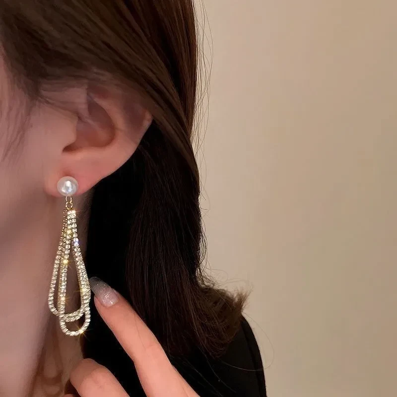 Diamond Pearl Earrings Long Tassel Earrings
